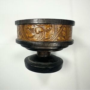 Vintage Spanish Carved Wood Pedestal Bowl • Rustic Old World Décor Ornate Detail
